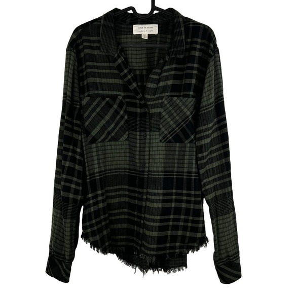 Cloth & Stone Black Green Plaid Frayed Shirt Medium Fisherman Western Grunge - Picture 1 of 9